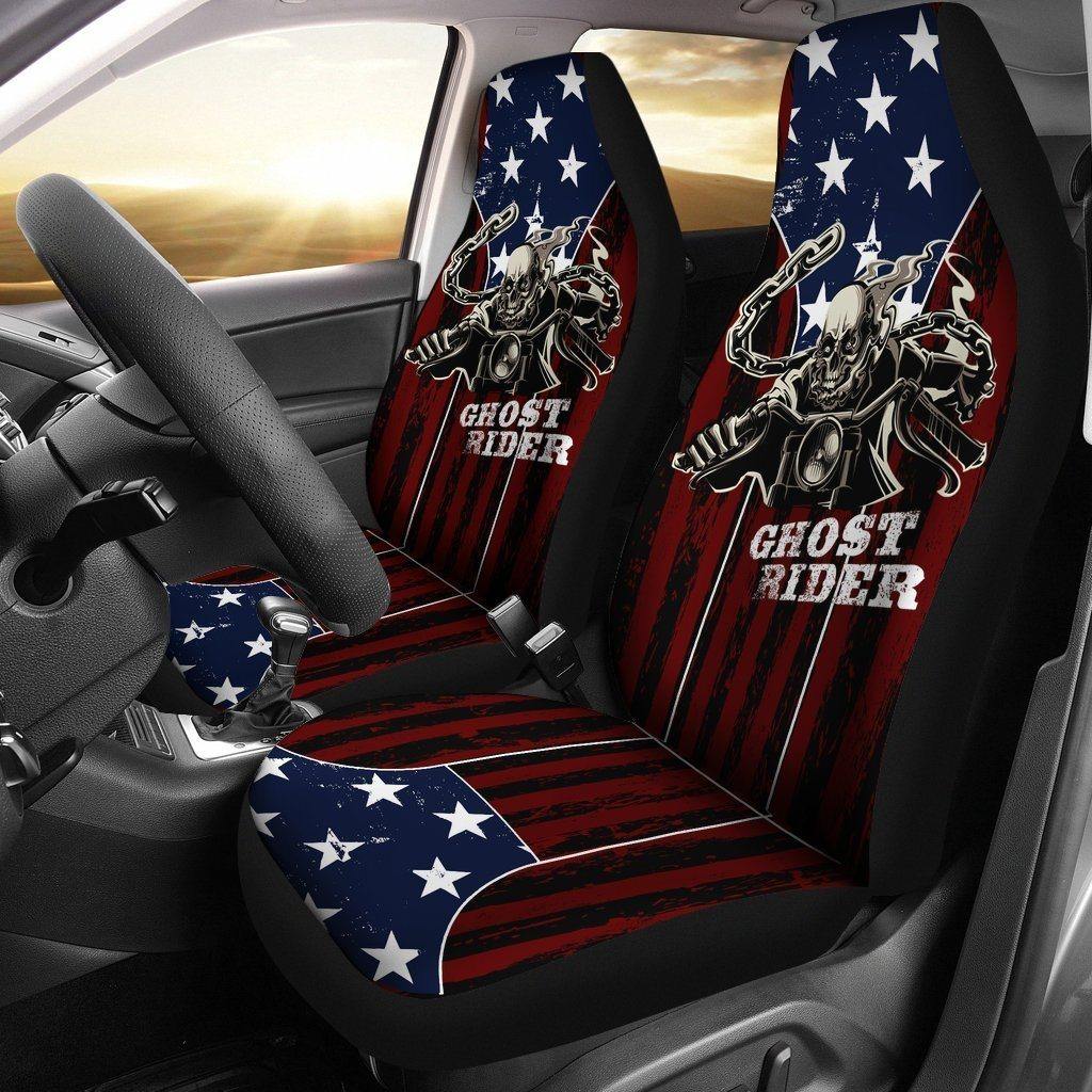 Ghost Rider Car Seat Covers, Polyester, Universal Fit, American Flag Background, Set of 2 - American Legend Rider