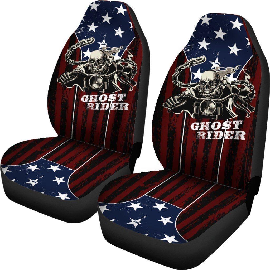 Ghost Rider Car Seat Covers, Polyester, Universal Fit, American Flag Background, Set of 2 - American Legend Rider