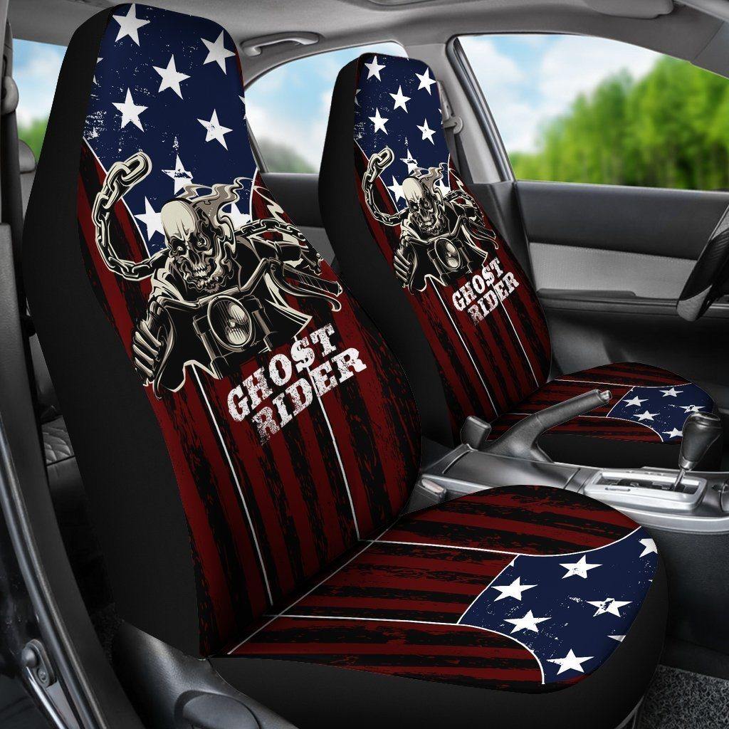 Ghost Rider Car Seat Covers, Polyester, Universal Fit, American Flag Background, Set of 2 - American Legend Rider