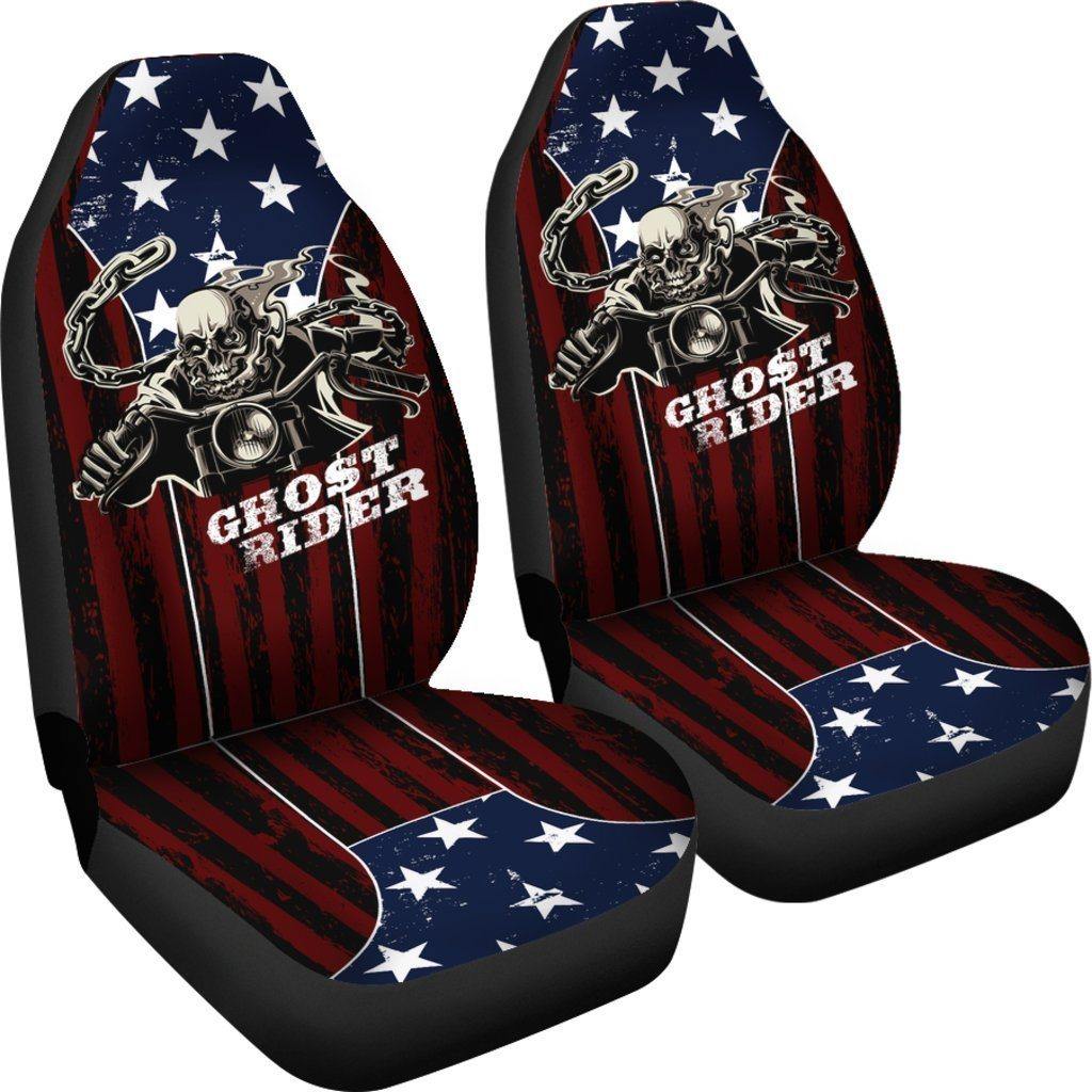 Ghost Rider Car Seat Covers, Polyester, Universal Fit, American Flag Background, Set of 2 - American Legend Rider