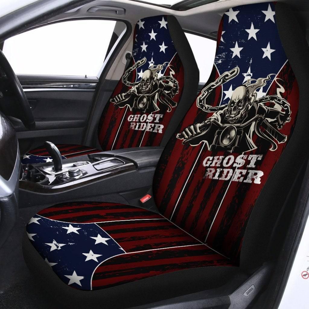Ghost Rider Car Seat Covers, Polyester, Universal Fit, American Flag Background, Set of 2 - American Legend Rider