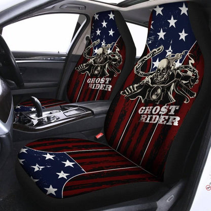 Ghost Rider Car Seat Covers, Polyester, Universal Fit, American Flag Background, Set of 2 - American Legend Rider