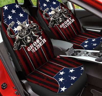 Ghost Rider Car Seat Covers, Polyester, Universal Fit, American Flag Background, Set of 2 - American Legend Rider