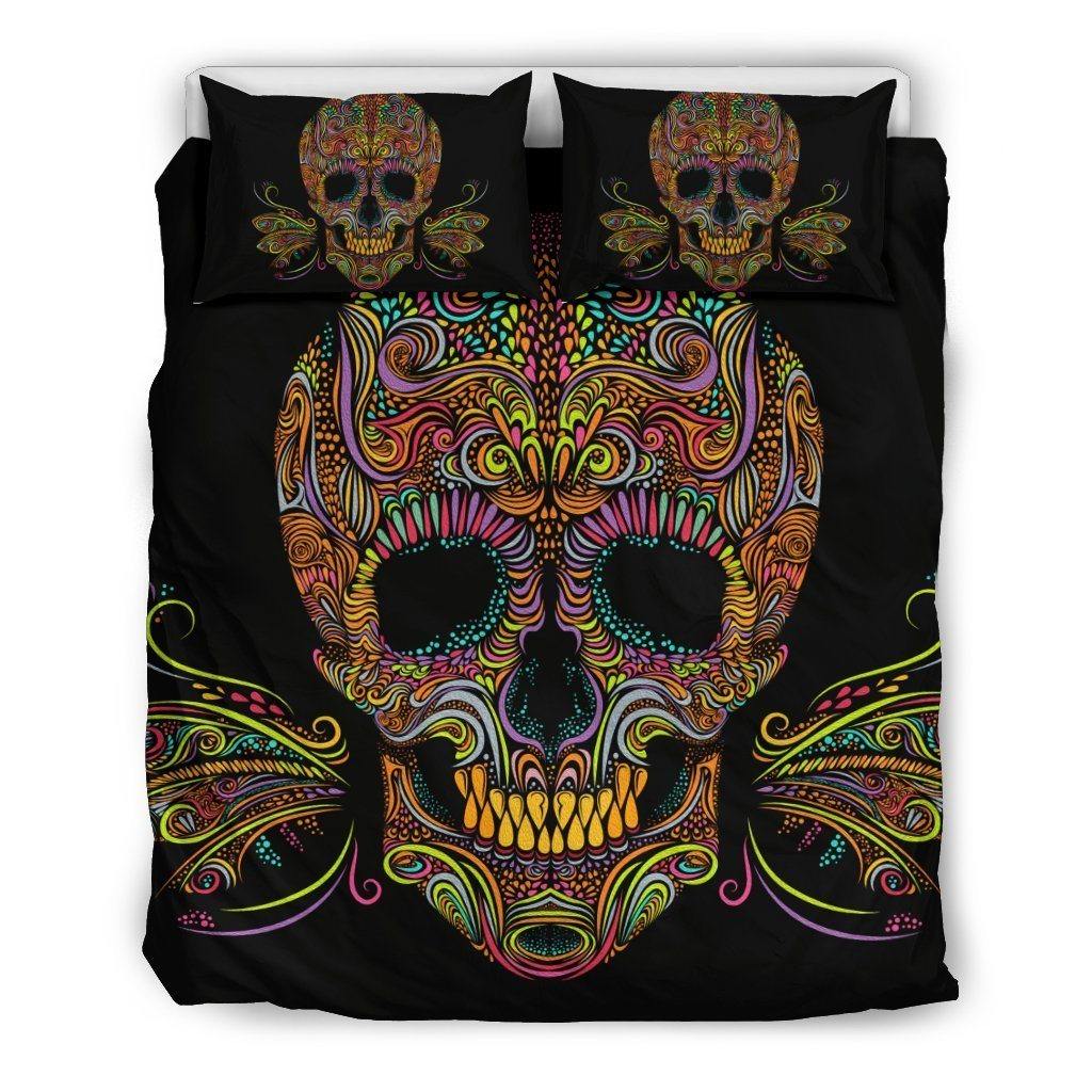 Skull Butterfly Bedding Set (1 Duvet Cover, 2 Pillowcases), Brushed Polyester Fabric, Black w/ Multicolored Skull Print - American Legend Rider