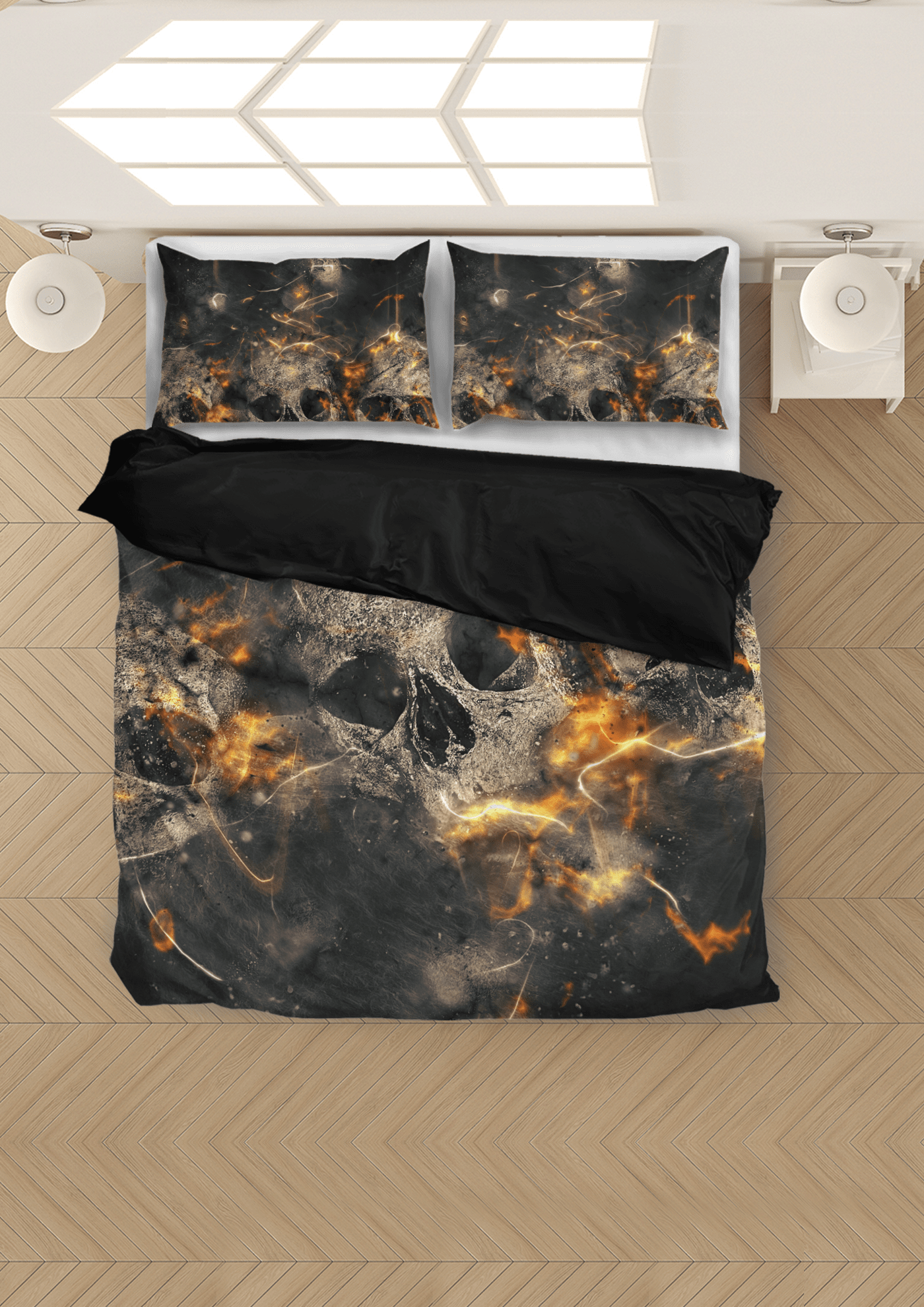 Galaxy Skull Bedding Set (1 Duvet Cover, 2 Pillowcases), Brushed Polyester, Black/Gray/Orange - American Legend Rider