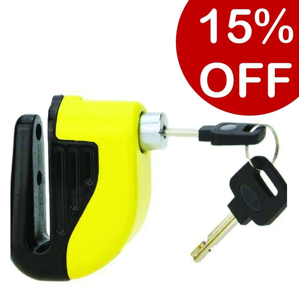 A Motorcycle Alarm Disc Lock with a key attached to it.