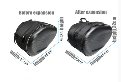 A stylish diagram showcasing the dimensions of a Motorcycle Saddle Bag, Waterproof, Black Oxford Cloth.
