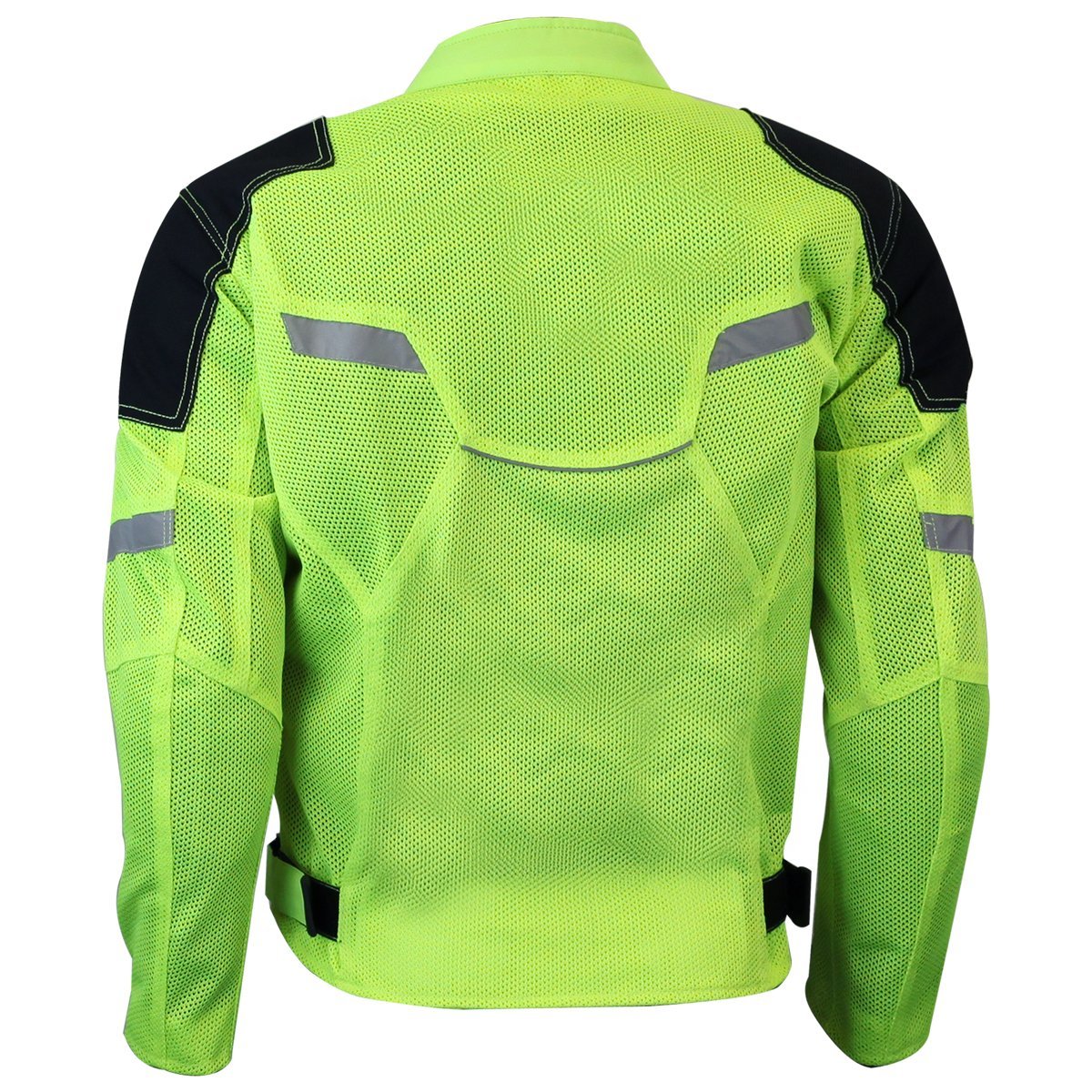 Back view of the Vance Leather High Visibility Mesh Motorcycle Jacket with insulated liner in neon green, showcasing black and reflective silver accents on the shoulders and back, equipped with CE rated protectors for enhanced safety.