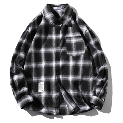 A Men's Classic Plaid Flannel Shirt, Black/White on a white background.