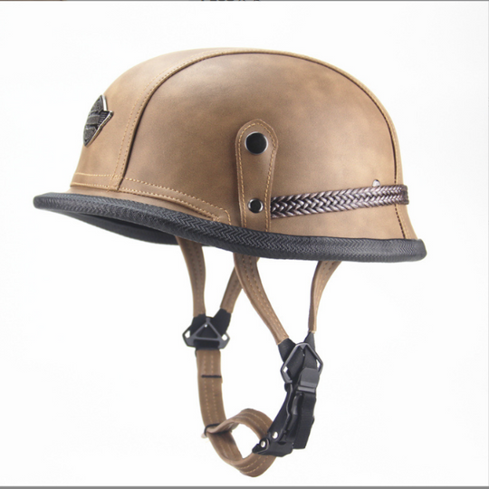 An image of an All-Weather Rider's Combo: Full Face Balaclava and Retro Half Shell Helmet with a leather strap.