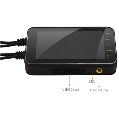 A compact Motorcycle Dual Lens Dash Camera Video Recorder 4 Inch HD 1080P with a USB port and an LCD screen suitable for motorcycle dash cam needs.