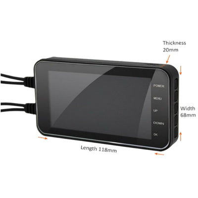 A compact device with an LCD screen attached to it for motorcycles, serving as a Motorcycle Dual Lens Dash Camera Video Recorder 4 Inch HD 1080P.