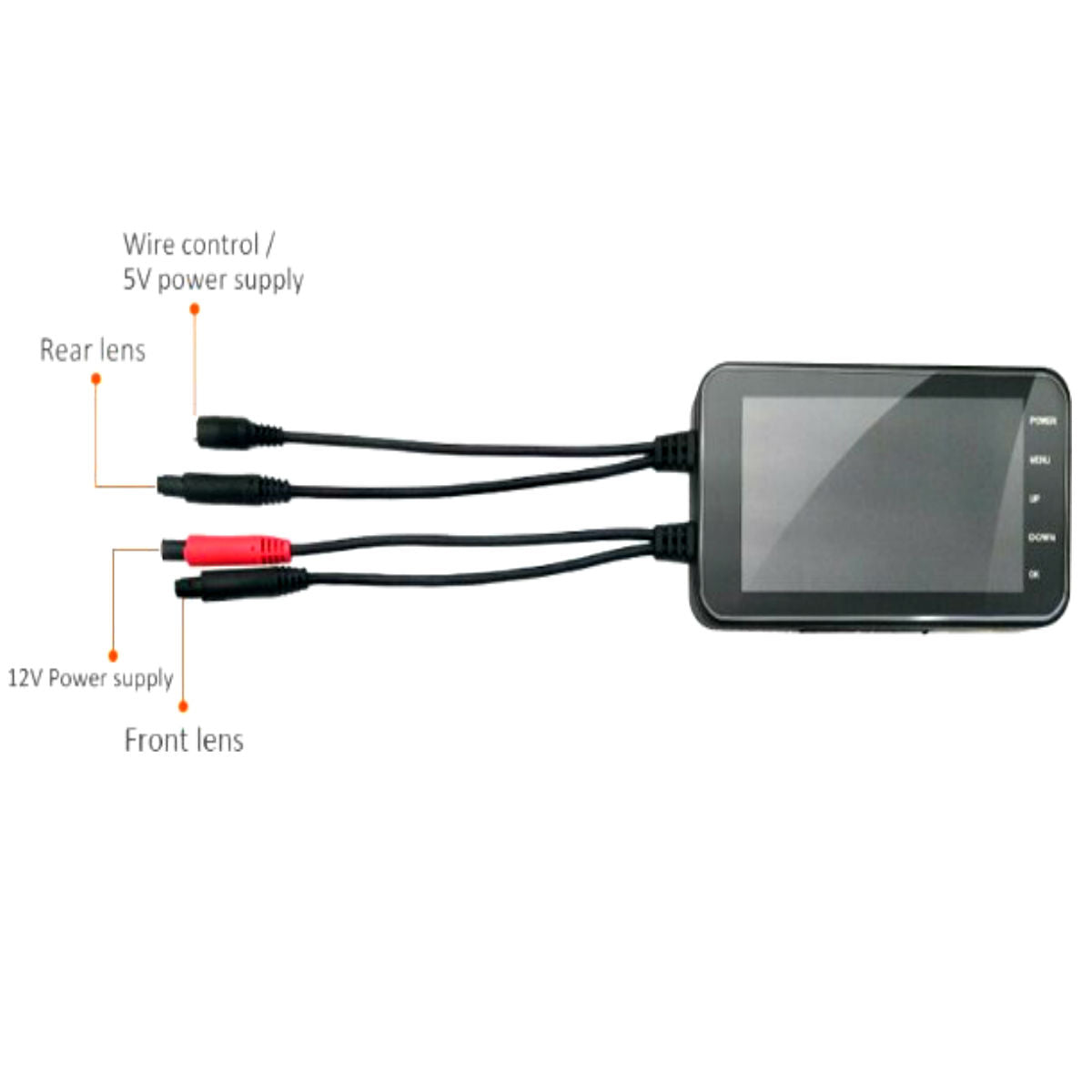 A diagram illustrating the connection of a Motorcycle Dual Lens Dash Camera Video Recorder 4 Inch HD 1080P to a car for lightweight applications.
