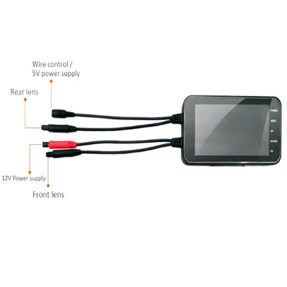 A diagram illustrating the connection of a Motorcycle Dual Lens Dash Camera Video Recorder 4 Inch HD 1080P to a car for lightweight applications.