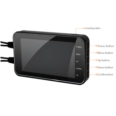 A Motorcycle Dual Lens Dash Camera Video Recorder 4 Inch HD 1080P with an LCD screen.