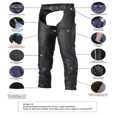 Vance Leather Zip-Out Insulated Pant Style Zipper Pocket Leather Chaps, Unisex