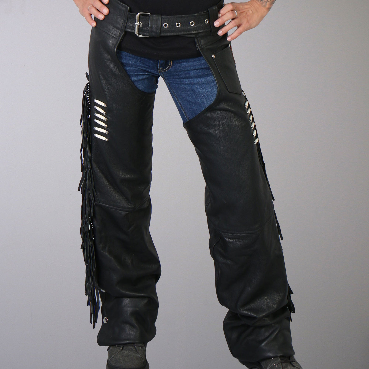 Hot Leathers Ladies Leather Chaps w/Bone & Fringe