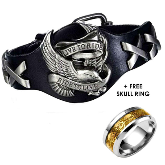 Badass Live To Ride Biker Leather Bracelet with FREE Skull Band Ring Bundle - American Legend Rider