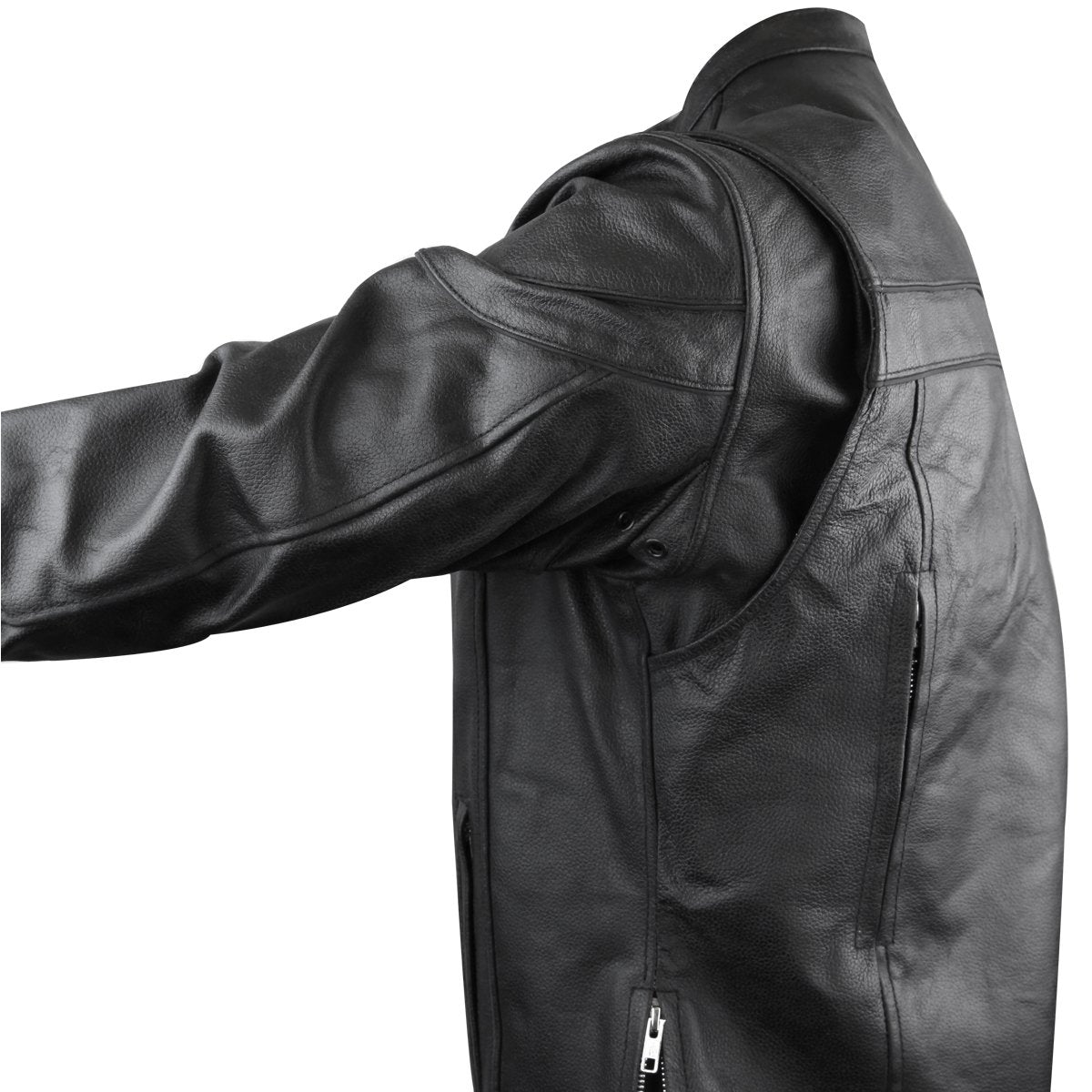 The Vance Leather Men's Racer Jacket with Zippered Vents is shown in black leather, featuring a side zipper detail, zip pockets, and an extended left arm. The jacket is equipped with a quilted liner for added warmth and an Euro Style Collar for a sleek look.