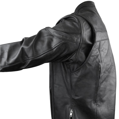The Vance Leather Men's Racer Jacket with Zippered Vents is shown in black leather, featuring a side zipper detail, zip pockets, and an extended left arm. The jacket is equipped with a quilted liner for added warmth and an Euro Style Collar for a sleek look.