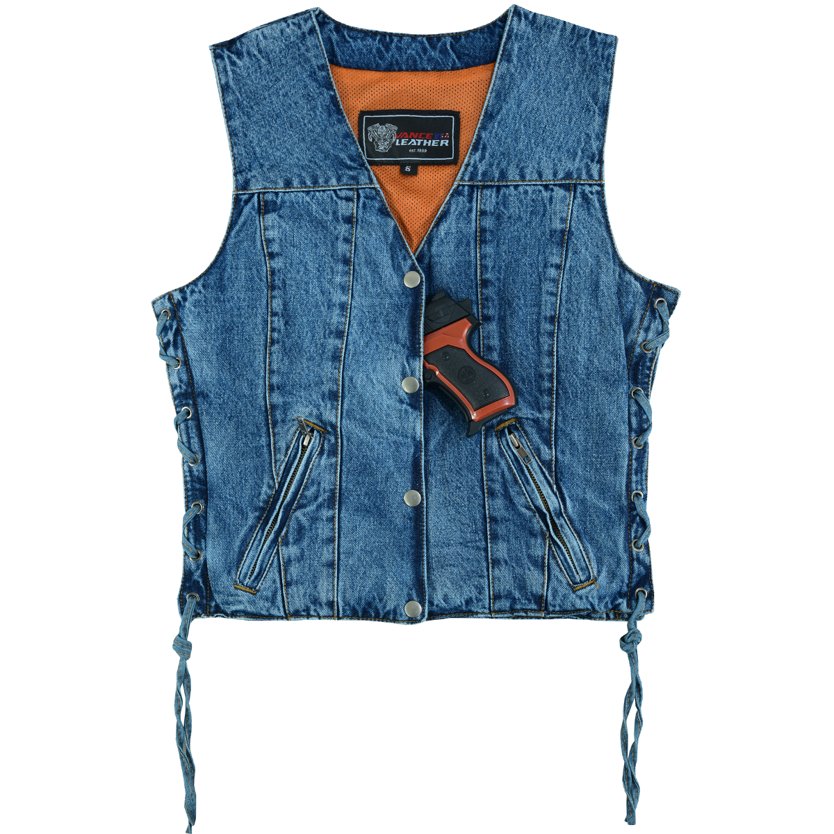 A Vance Leather Women's Blue Denim V-Neck Vest w/Snap Opening & Side Laces with an orange pocket.