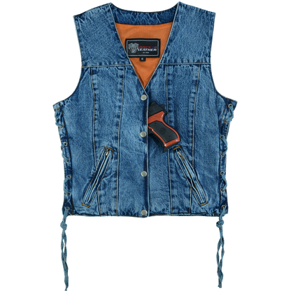 A Vance Leather Women's Blue Denim V-Neck Vest w/Snap Opening & Side Laces with an orange pocket.