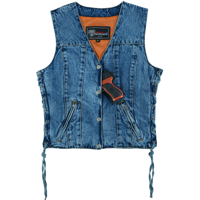 A Vance Leather Women's Blue Denim V-Neck Vest w/Snap Opening & Side Laces with an orange pocket.
