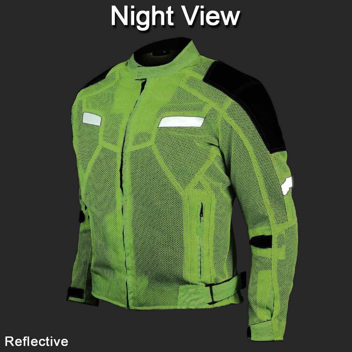 The Vance Leather High Visibility Mesh Motorcycle Jacket with Insulated Liner and CE Armor, featuring a green reflective design with black and white accents and a breathable mesh shell, is displayed against a dark background. The words "Night View" and "Reflective" are written on the image.