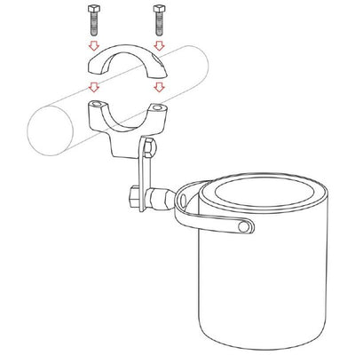A diagram illustrating the step-by-step process of attaching a Daniel Smart Diamond Plate Stainless Cup Holder to a pipe using stainless steel hardware.