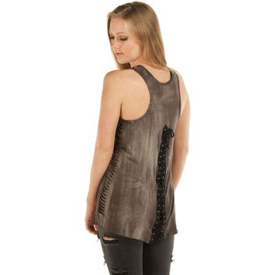 Daniel Smart Women's Long Live The Brave Skull and Roses Tank Top, Rayon/Spandex, Brown - American Legend Rider