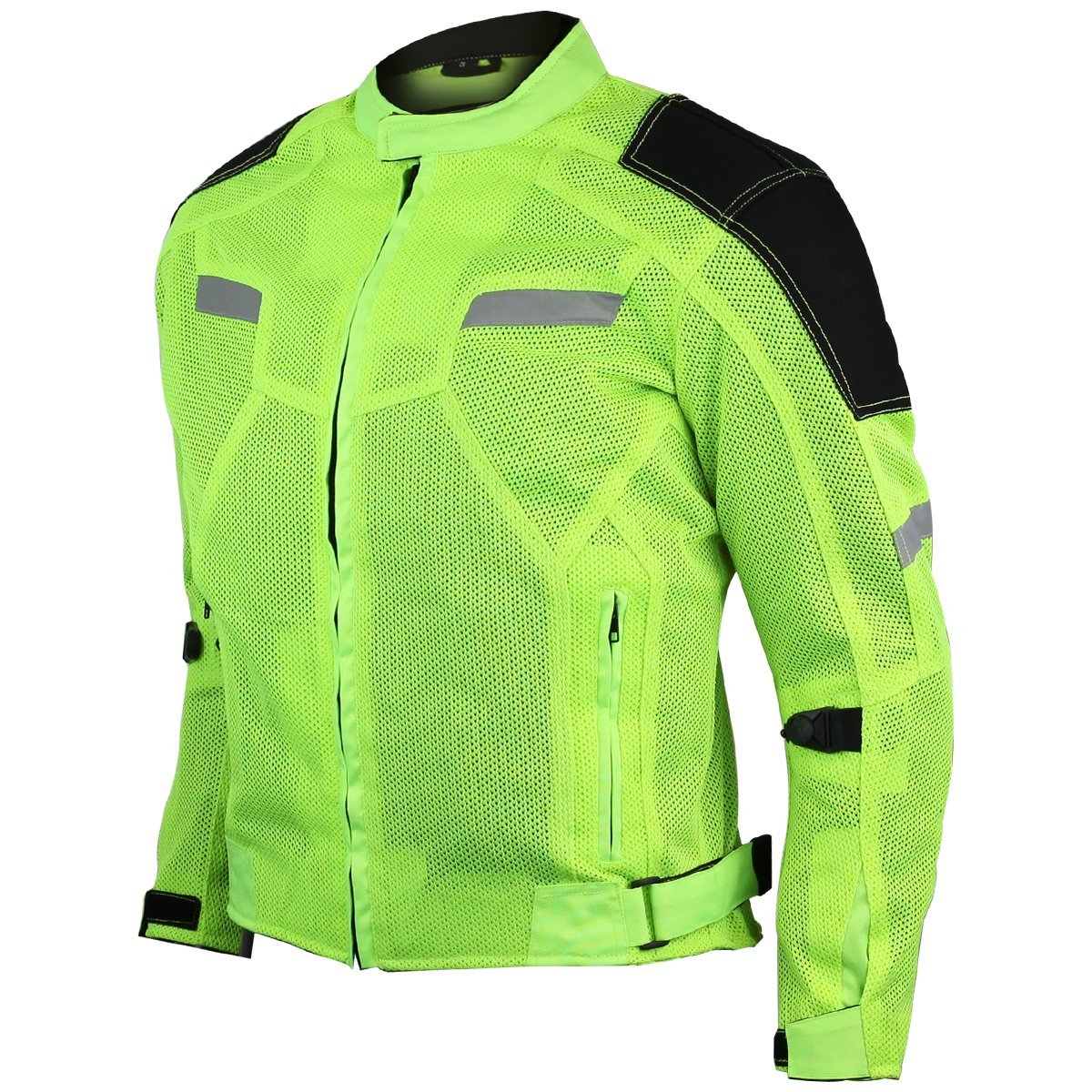 The Vance Leather High Visibility Mesh Motorcycle Jacket with Insulated Liner and CE Armor comes in neon green with black and reflective accents, featuring zippers, adjustable straps, a breathable mesh shell, and C.E. rated protectors for added safety.