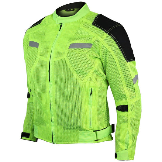 The Vance Leather High Visibility Mesh Motorcycle Jacket with Insulated Liner and CE Armor comes in neon green with black and reflective accents, featuring zippers, adjustable straps, a breathable mesh shell, and C.E. rated protectors for added safety.