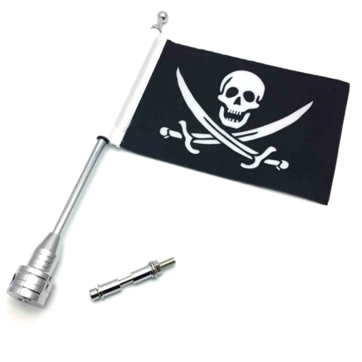 Skull & Swords Pirate Motorcycle Pole Mount 15.3" & Flag 10.6" x 6.7", Black/White