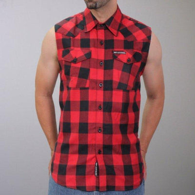 Hot Leathers Men's Black & Red Sleeveless Flannel Shirt - American Legend Rider