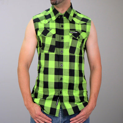 Hot Leathers Men's Black & Green Sleeveless Flannel Shirt - American Legend Rider