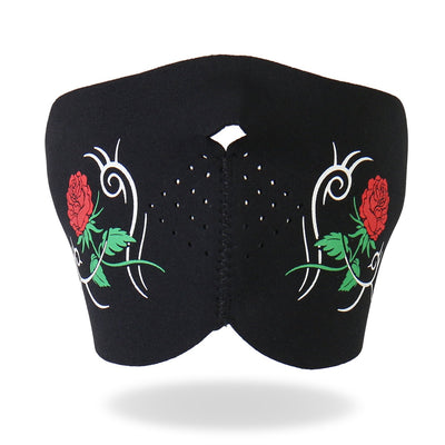 A Hot Leathers Women's Tribal Rose Neoprene 1/2 Mask adorned with a striking rose.
