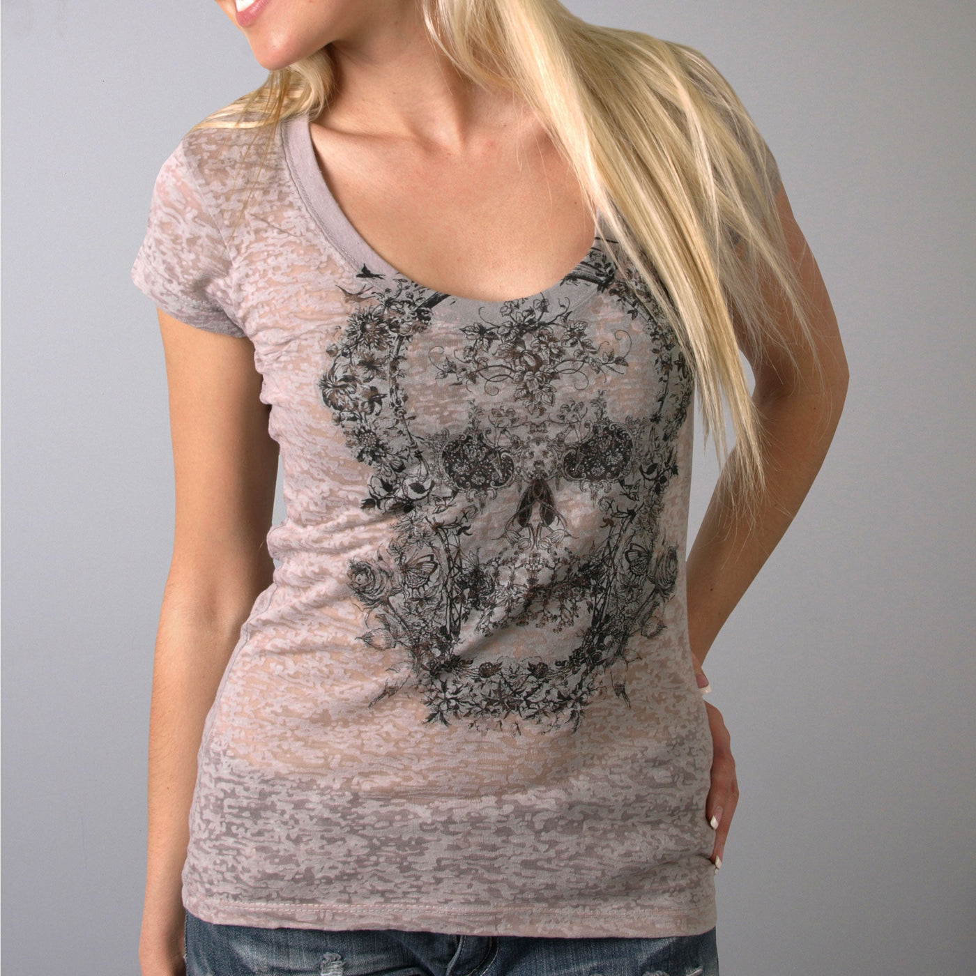 Hot Leathers GLC1037 Ladies Silver Victorian Skull Scoopneck Burnout Tee