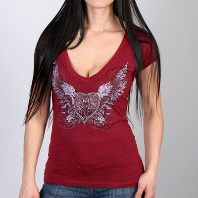 Hot Leathers Sparkle Wings Ladies Vneck Heather Red T-Shirt