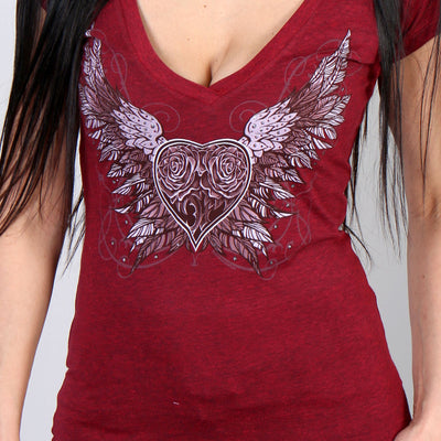 Hot Leathers Sparkle Wings Ladies Vneck Heather Red T-Shirt