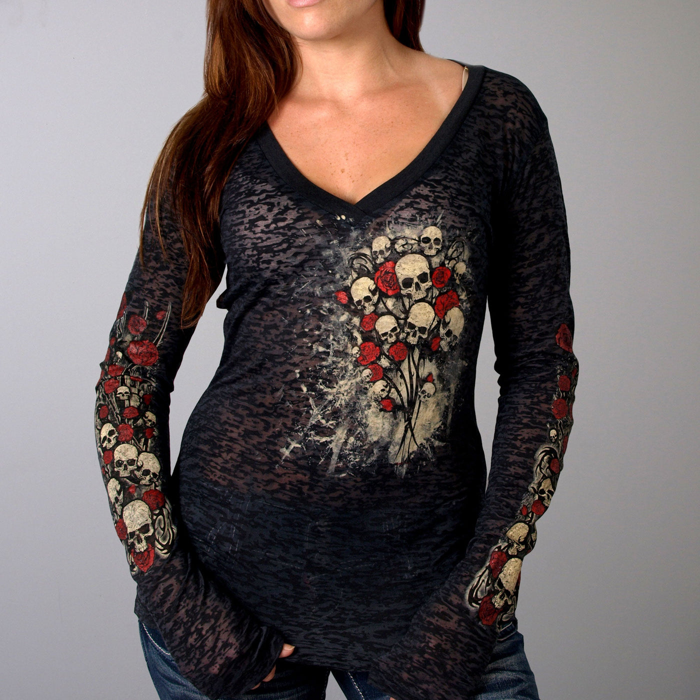 Hot Leathers GLC3028 Ladies Skull Bouquet Burnout Black Long Sleeve