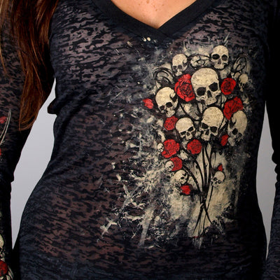 Hot Leathers GLC3028 Ladies Skull Bouquet Burnout Black Long Sleeve