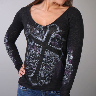 Hot Leathers Cross and Roses Ladies Burnout Tee