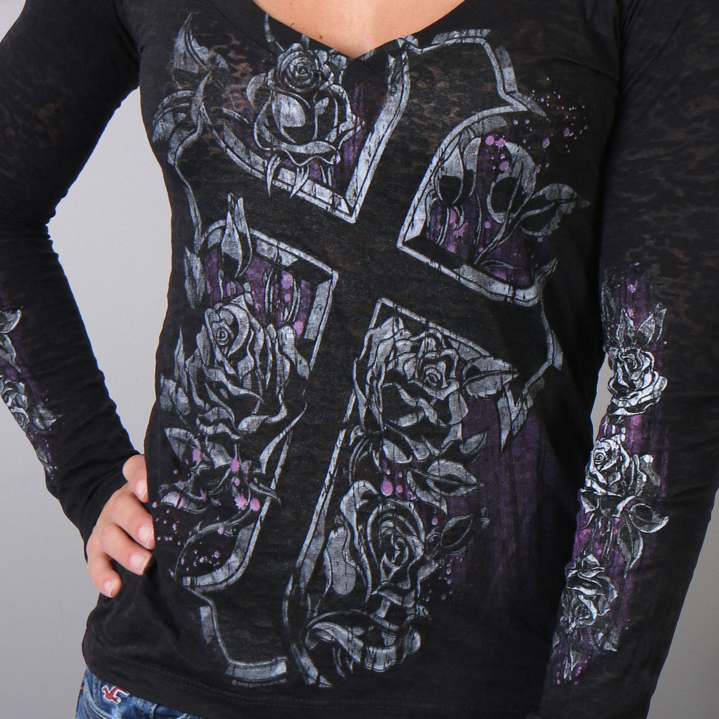 Hot Leathers Cross and Roses Ladies Burnout Tee