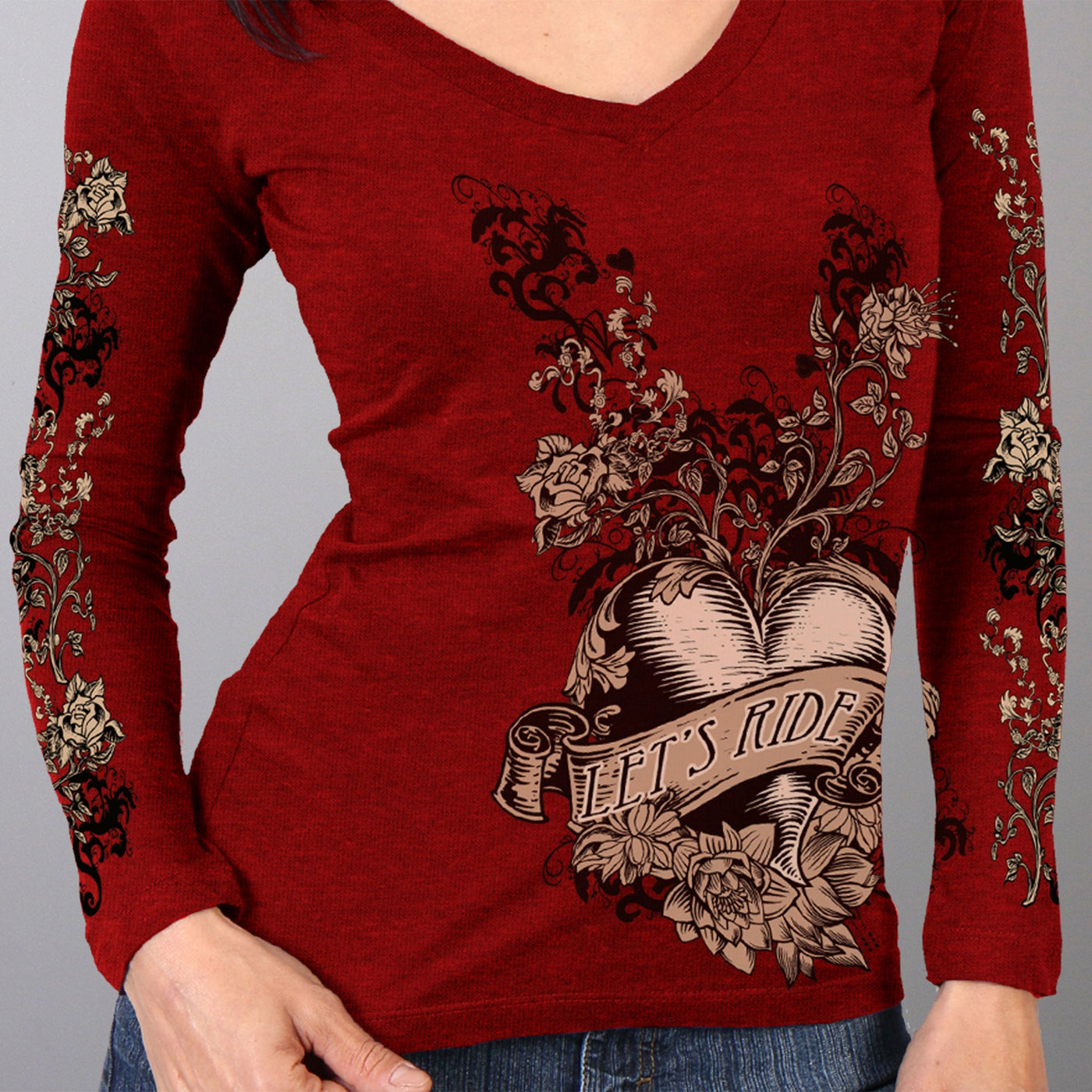 Hot Leathers GLC3326 Banner Heart Heather Red Long Sleeve Ladies Shirt