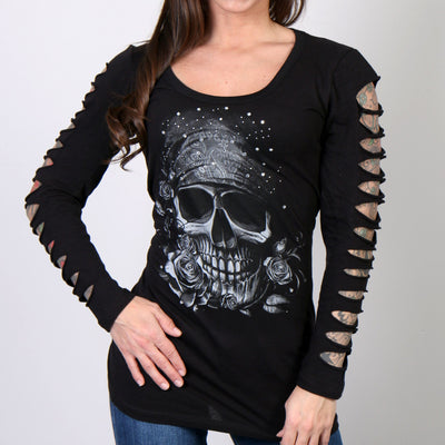 Hot Leathers Bandana Skull Ladies Slit Sleeve Long Sleeve