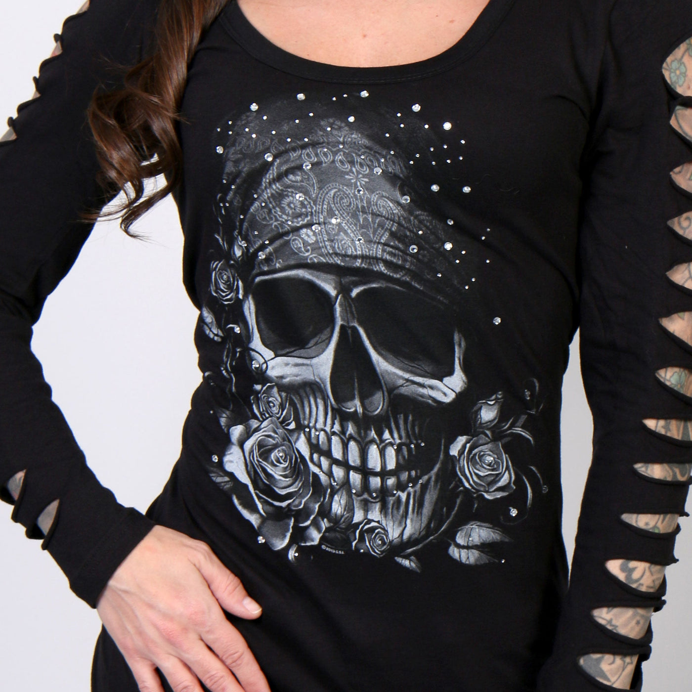 Hot Leathers Bandana Skull Ladies Slit Sleeve Long Sleeve