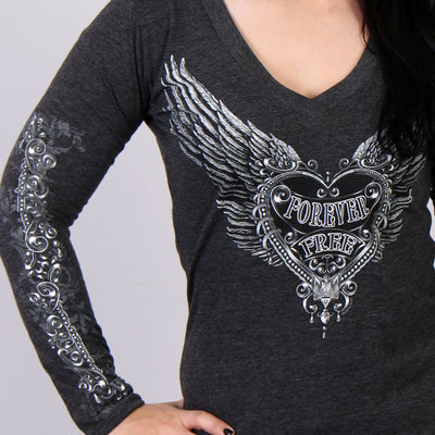 Hot Leather Silver Flight Ladies V-Neck Long Sleeve Shirt