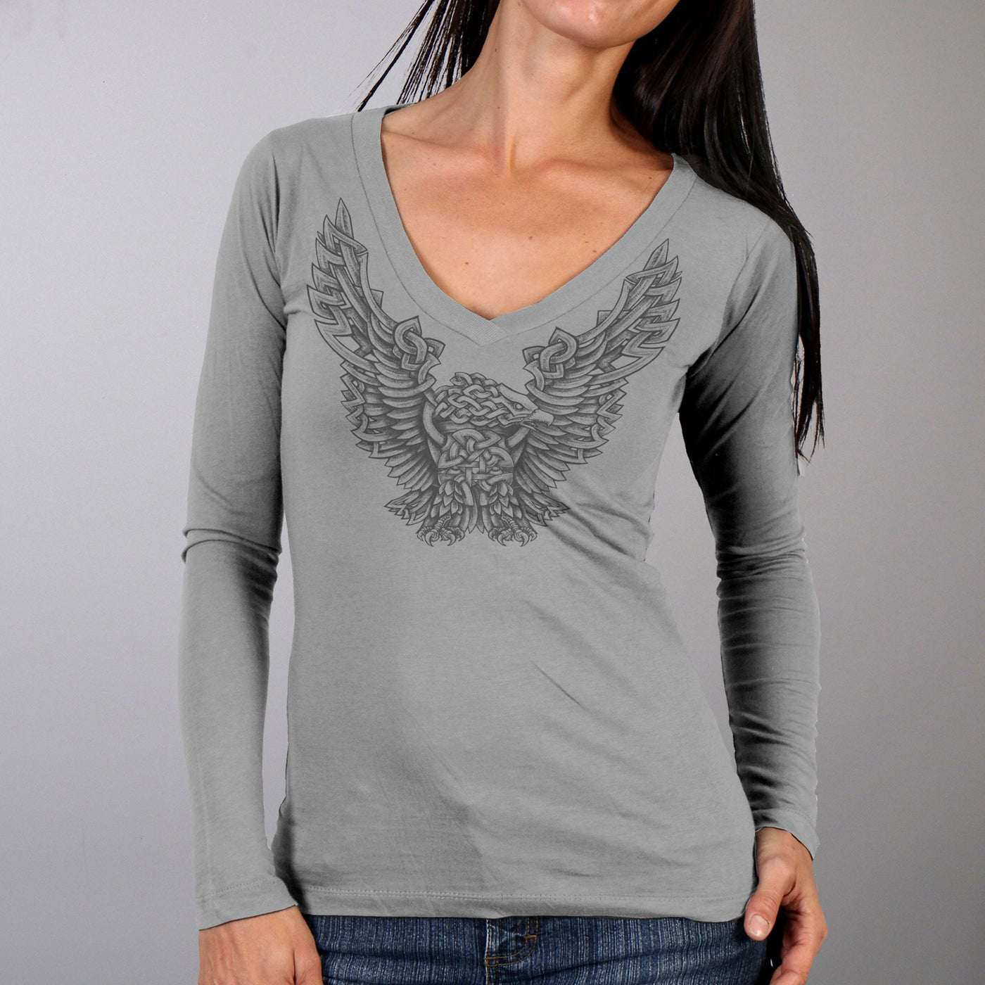 Hot Leathers Celtic Eagle Ladies Long Sleeve V-Neck Shirt