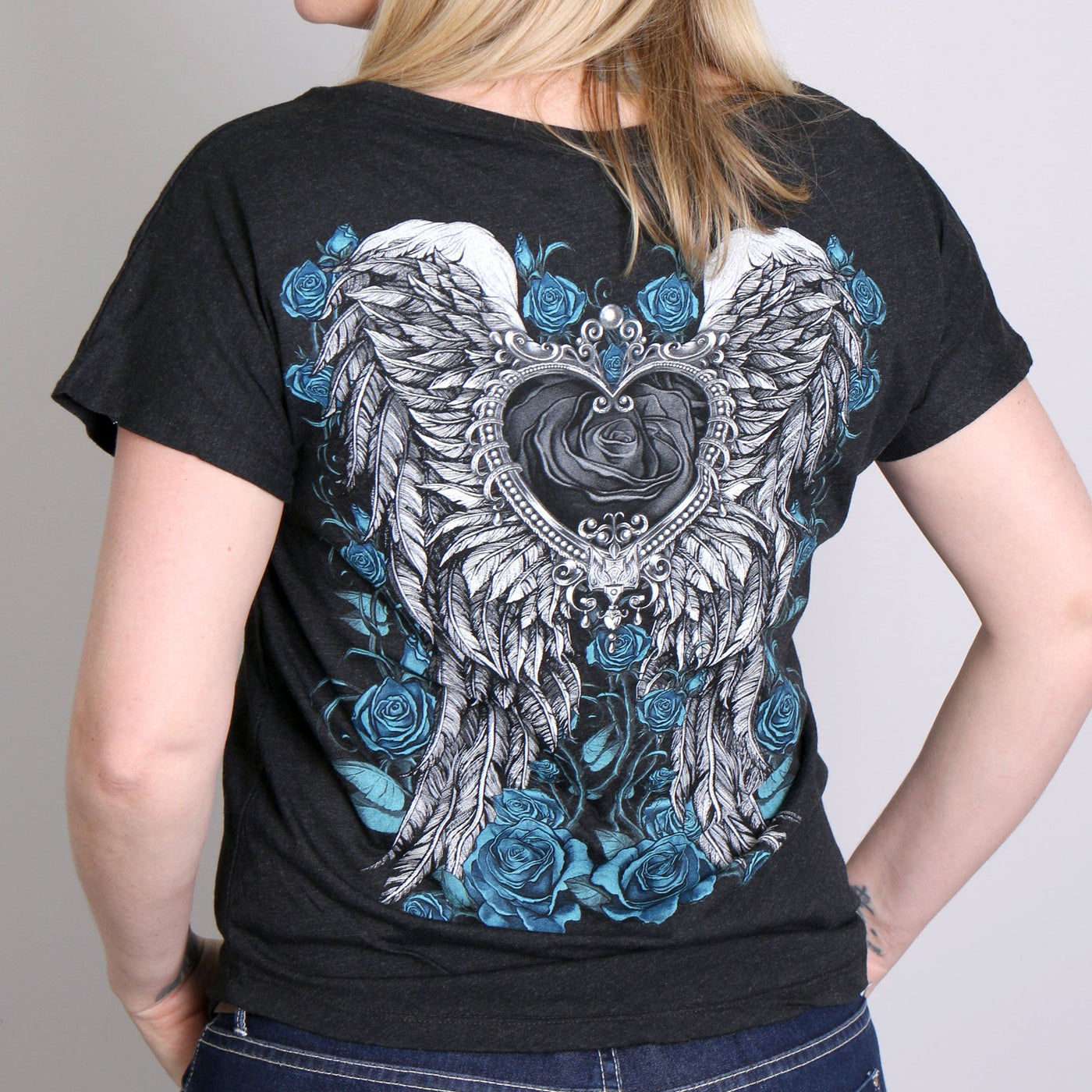 Hot Leathers GLD1345 'Angel Roses' Dolman Relax Fit Full Cut Ladies Vintage Black Tee