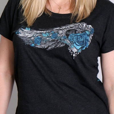 Hot Leathers GLD1345 'Angel Roses' Dolman Relax Fit Full Cut Ladies Vintage Black Tee